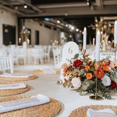 the table is set with flowers and candles