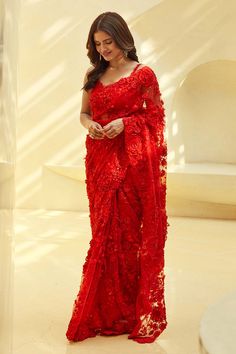 Red Saree Wedding, Red Sari, Saree Designs Party Wear, Net Saree, Red Saree, Party Wear Indian Dresses