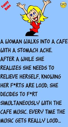 a woman walks into a cafe with a stomachache