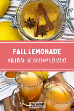 fall lemonade Caramel Apple Lemonade, Fall Lemonade Stand, Fall Hot Tea Recipes, Fall Lemonade Flavors, Apple Cider Ideas, Apple Cider Lemonade, Simple Fall Mixed Drinks, Low Calorie Fall Drinks, Fall Lemonade Recipe