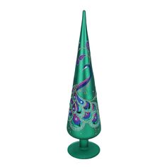 a green vase with a blue and purple design on it