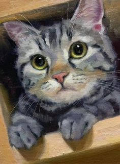 an oil painting of a cat peeking out from behind a wooden ledge with its paws on the edge