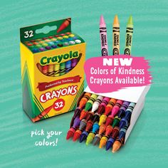 crayons are displayed in front of a box with the words new colors of kindness