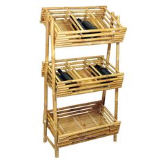 three tier bamboo shelf with wine bottles on top