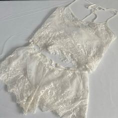 Nwot Lace Shorts And Crop Cami Pajama Set. Super Adorable Size L, Both Pieces Wedding, Honeymoon Lace Pajama Set, Wedding Honeymoon, Cute Pajamas, Pretty Lingerie, Bra And Panty Sets, In Bloom, Lingerie Set, Night Dress, Pretty Outfits