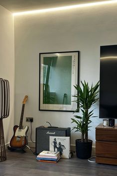 a living room with a guitar, plant and other items on the floor in front of a flat screen tv