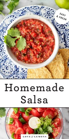 homemade salsa in a bowl with tortilla chips on the side