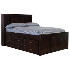 a bed with drawers underneath it on a white background