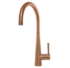 a copper colored faucet on a white background, with the handle pointing up