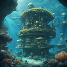 an underwater building surrounded by rocks and corals