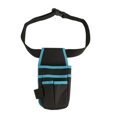 a black and blue bag with straps hanging from it's side on a white background