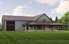 this is an artist's rendering of a modern barn style home in the country