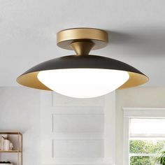 an overhead light fixture in a kitchen with white walls and flooring, along with a potted plant