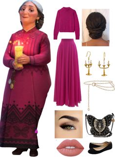 a woman in a purple dress and accessories including lipstick, necklaces, earrings, purse