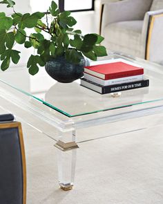 a glass table with books on it and a plant in the middle, along with two chairs