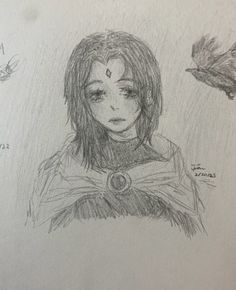 a drawing of a girl with her eyes closed and two birds in the air behind her