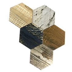 several different types of wood are arranged in the shape of hexagons on a white background