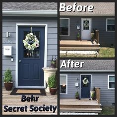 before and after photos of a front door with flowers on the porch, and in between