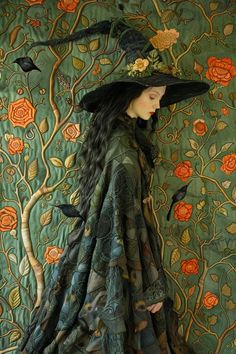 a woman with long black hair wearing a green dress and hat, standing in front of a floral wallpaper