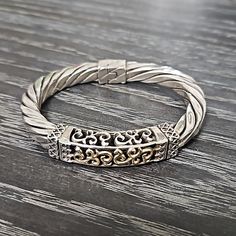 Beatiful Scroll Design With Gold On The Top. Approx 3 X 2.5 Scroll Design, On The Top, Hinged Bangle, Silver Bracelets, Bangle Bracelet, Sterling Silver Bracelets, Womens Jewelry Bracelets, Silver Gold, Bangle Bracelets