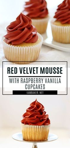 red velvet mousse with raspberry vanilla cupcakes on a white plate