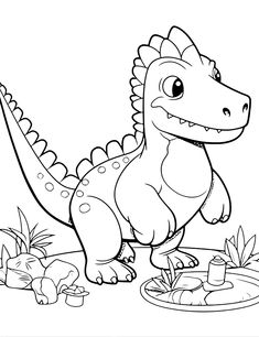 a cartoon dinosaur standing in the grass