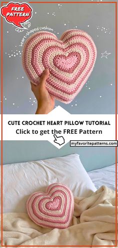 a crocheted heart pillow is shown with the text, cute crochet heart pillow pattern click to get the free pattern