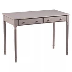 a grey desk with two drawers on one side and an open drawer on the other