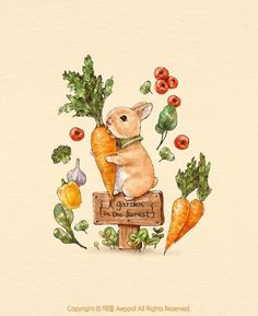 a rabbit sitting on top of a wooden sign surrounded by veggies and carrots