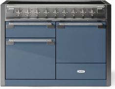 a blue and silver stove top oven with two burners on the front, and one side