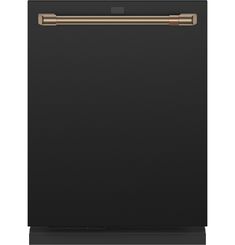 a black dishwasher with gold handles