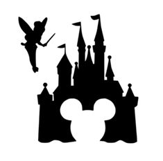 the silhouette of mickey mouse in front of a castle with an angel flying over it