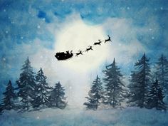 a painting of santa's sleigh flying through the sky with trees in the foreground