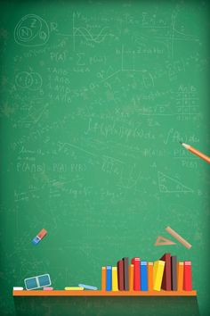 an image of a man in front of a chalkboard with books and pencils