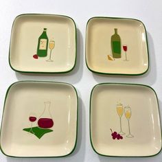 four plates with wine glasses and bottles on them are arranged in the shape of squares