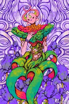 a drawing of a woman sitting on top of a purple and green plant with flowers