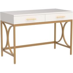 a white and gold desk with two drawers