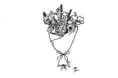 a black and white drawing of flowers in a bouquet