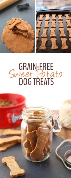 grain - free sweet potato dog treats in a glass jar with cookie cutters and baking utensils