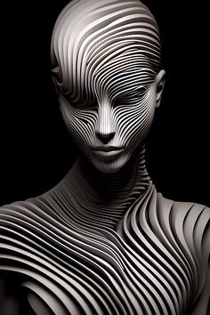 a woman's face and body made out of wavy white lines on black background