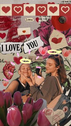 collage of two women with hearts and flowers