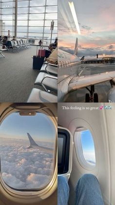 the view from inside an airplane looking out at the clouds and planes in the sky