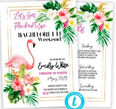 two pink flamingos and tropical flowers are on the back of this bachelor party program