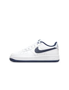 Discover the Nike (GS) Air Force 1 in White/Midnight Navy for grade schoolers. This classic sneaker features a clean white design with navy accents, offering timeless style and comfort for young trendsetters. A versatile choice for any outfit. All Jordans, Jean Hat, Navy Accents, Midnight Navy, Classic Sneakers, Toddler Preschool, White Design, Nike Jordan, Air Force 1