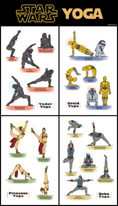 the star wars yoga poster is shown in four different positions