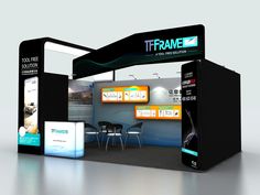 a trade show booth designed to look like it has an exhibit stand with chairs and tables