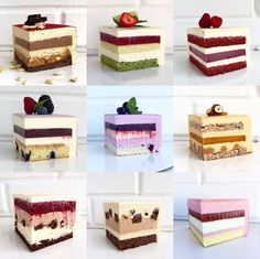 six different types of cake with berries on top