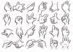 various hand gestures drawn in black and white