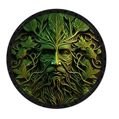 a green man's face surrounded by leaves