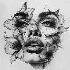 a black and white drawing of a woman's face with flowers in her eyes